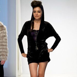 BETSEY JOHNSON Runway Purple Velvet Pockets Lace Hooded Hoodie Shorts Romper S